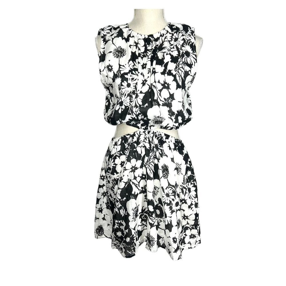 Faithfull The Brand La Pineta Black White Floral Side Cut Out Linen Above Knee D